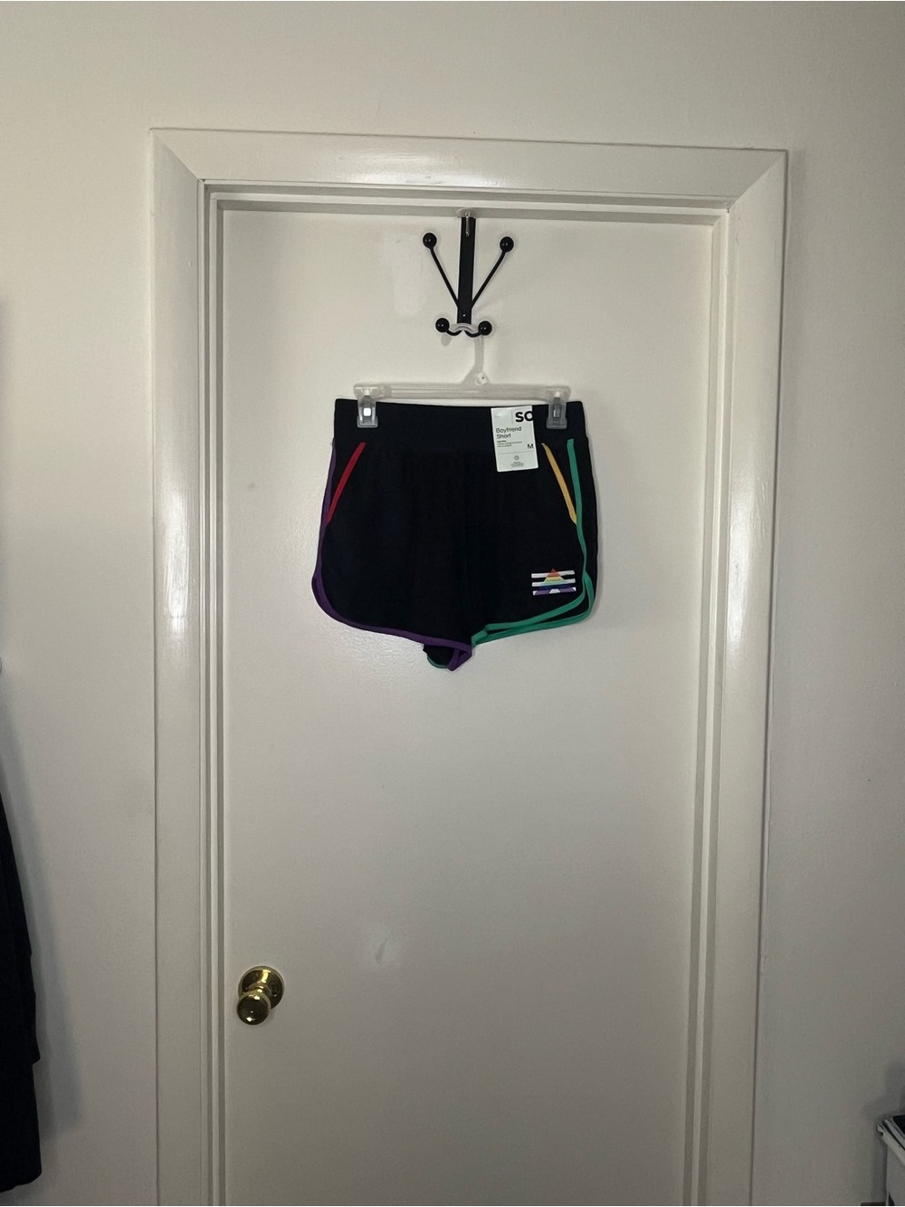 Black Women’s Athletic Shorts with Multicolor Trim - Picture 2 of 4